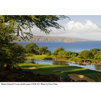 A large double green is shared by the 10th and 17th holes on the Emerald Course at Wailea Golf Club.