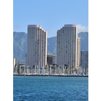 The Hawaii Prince Hotel Waikiki features two towers overlooking the ocean. 